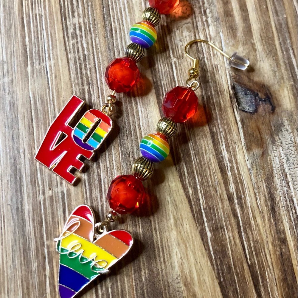 Rainbow Love Earrings with Red Beads